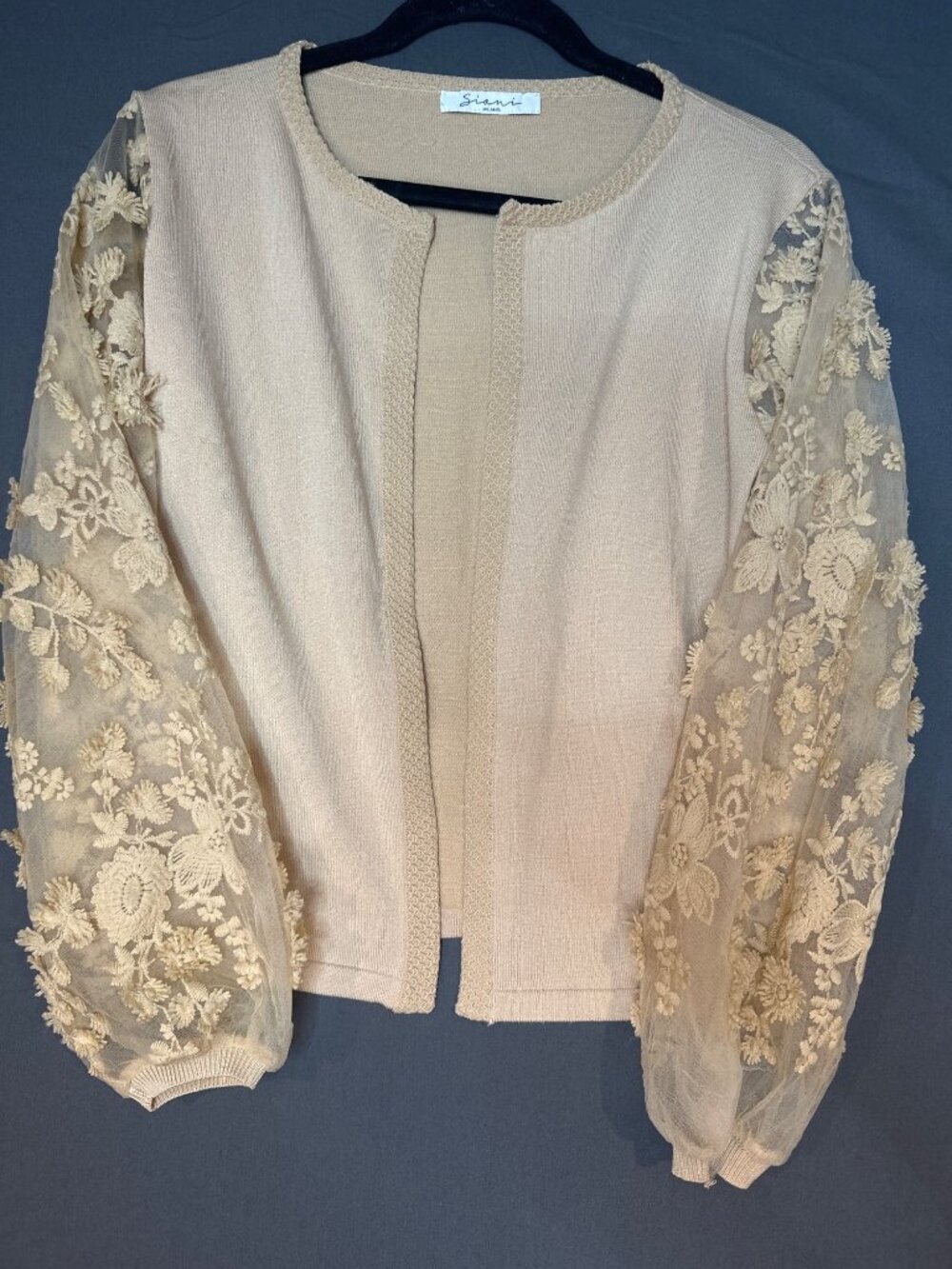 Sioni Milano Womens Medium Floral Embroidered Mesh Sleeve Cardigan Romantic